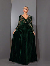 Mgiacyv V-Neck Glamorous Sequin Elastic Waisted Long Sleeve Velvet Dress